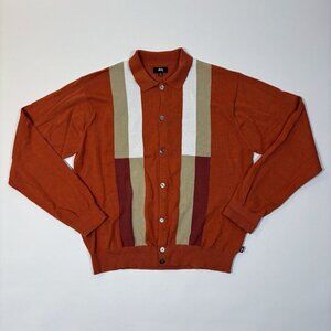 Stussy Color Block knit Polo Cardigan Sweater Burnt Orange - Size XXL